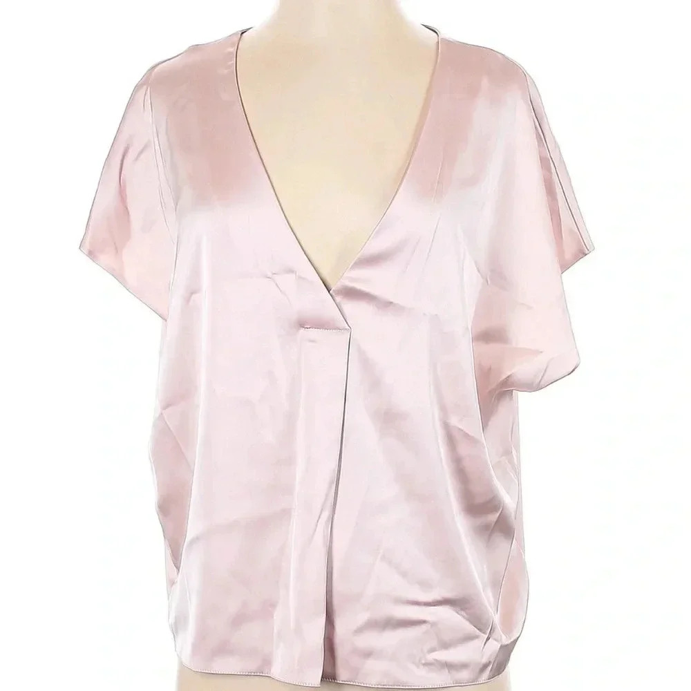 Zara Women's Blush Pink Satin V-Neck Short Sleeve Blouse Size Small S NWT